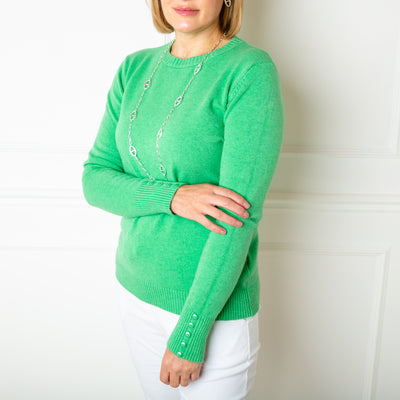 The Crew Neck Button Jumper in emerald green made from a fine knitted blend, super soft and great for spring